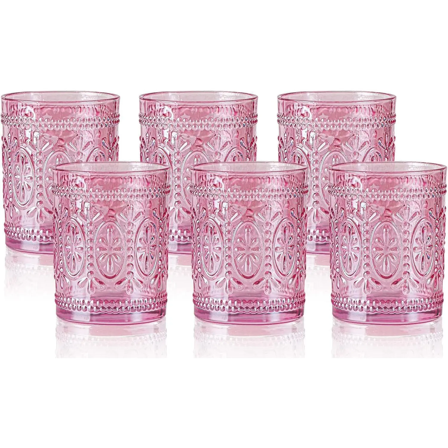 4 Pack Pink Vintage Glassware Set, 10oz Romantic Drinking Glasses, Colored Water Glasses, Pink Embossed Glass Cups for Juice, , , Iced , Soda