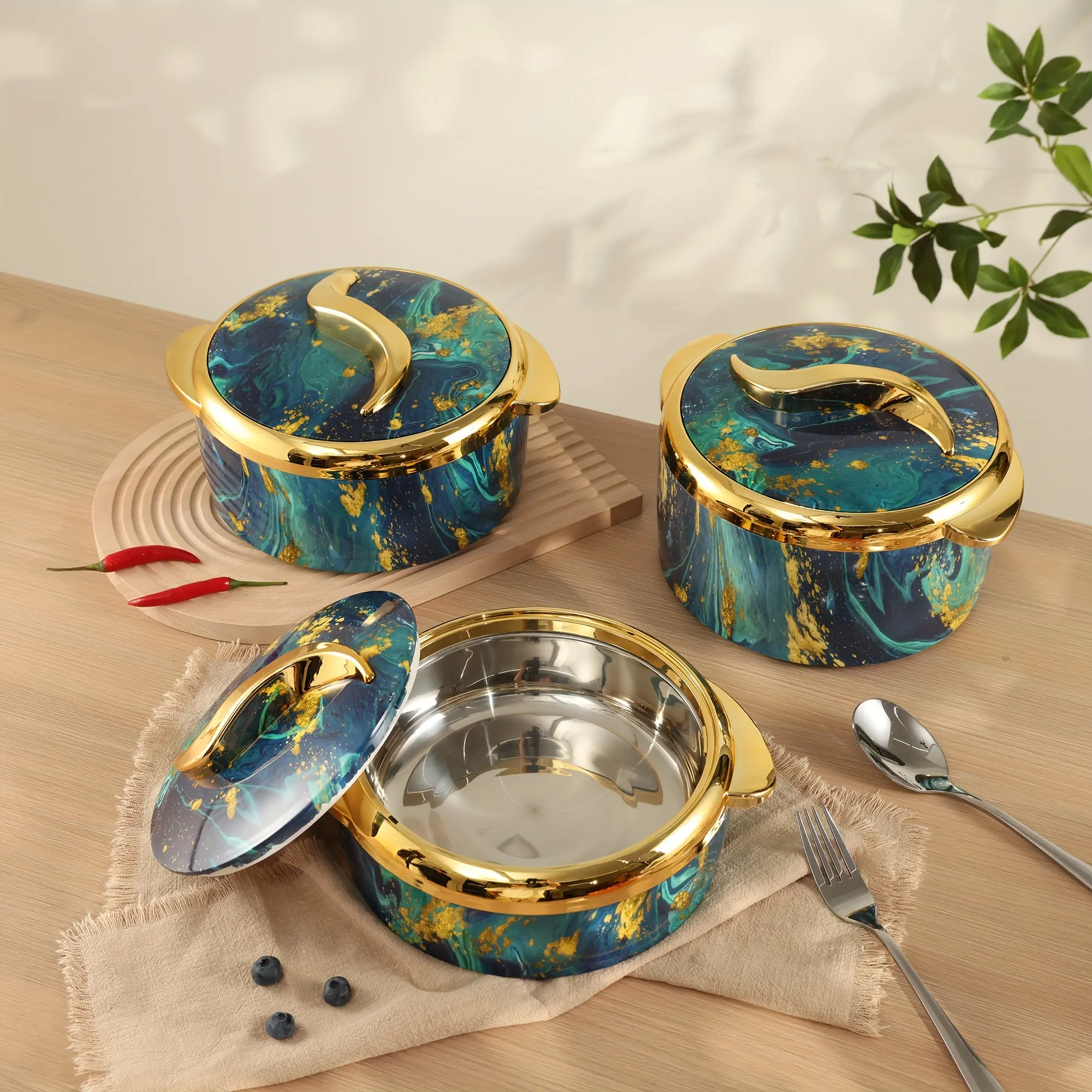 3pcs, Food Warmer, Insulated Stainless Steel Food Warmers With Lids, Hot & Cold Food Storage, Buffet Serving Bowls, Keeps Food Hot Or Cold, Multi-Color Thermal Casserole Dish Set, Ideal For Parties, Buffets, Outdoor Work, 1.5L + 2L + 2.5L