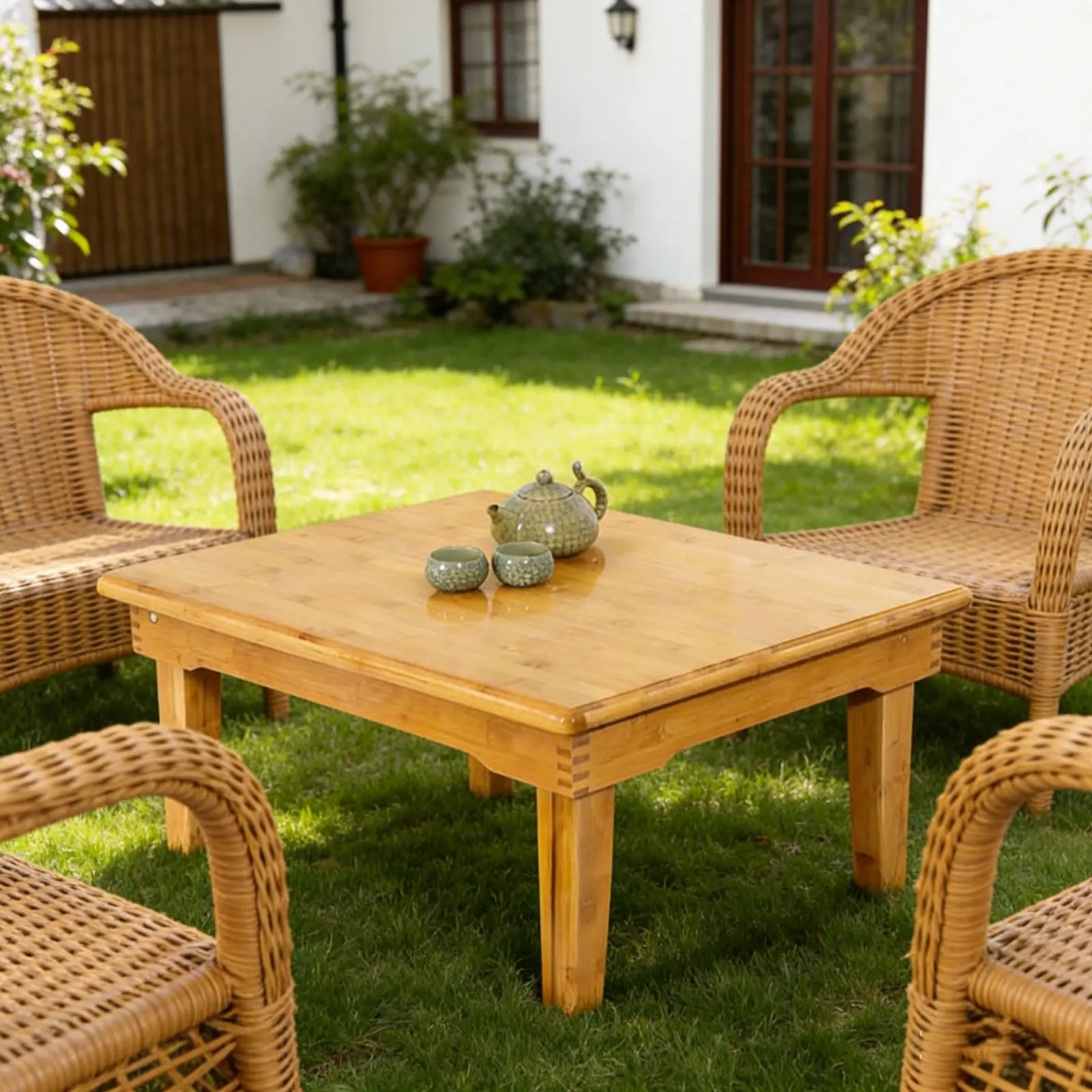 Foldable Bamboo Coffee Table, Japanese Style Low Table with Adjustable Height, Square Foldable Low Coffee Table for Small Space, Multi-Functional Computer Table Tea Table for Living Room, Reading, Tea Time