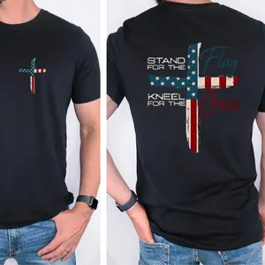 Men's Cotton Short-Sleeve Round Neck T-Shirt, 2-Sided Patriotic Christian Graphic Tee for 4th of July, Casual Menswear Top with "Stand for the Flag Kneel for the Cross" Design