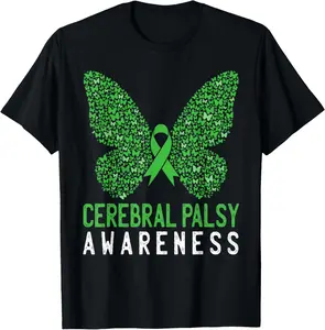 100% Cotton Butterfly Cerebral Palsy Awareness CP Green Ribbon Support T-Shirt