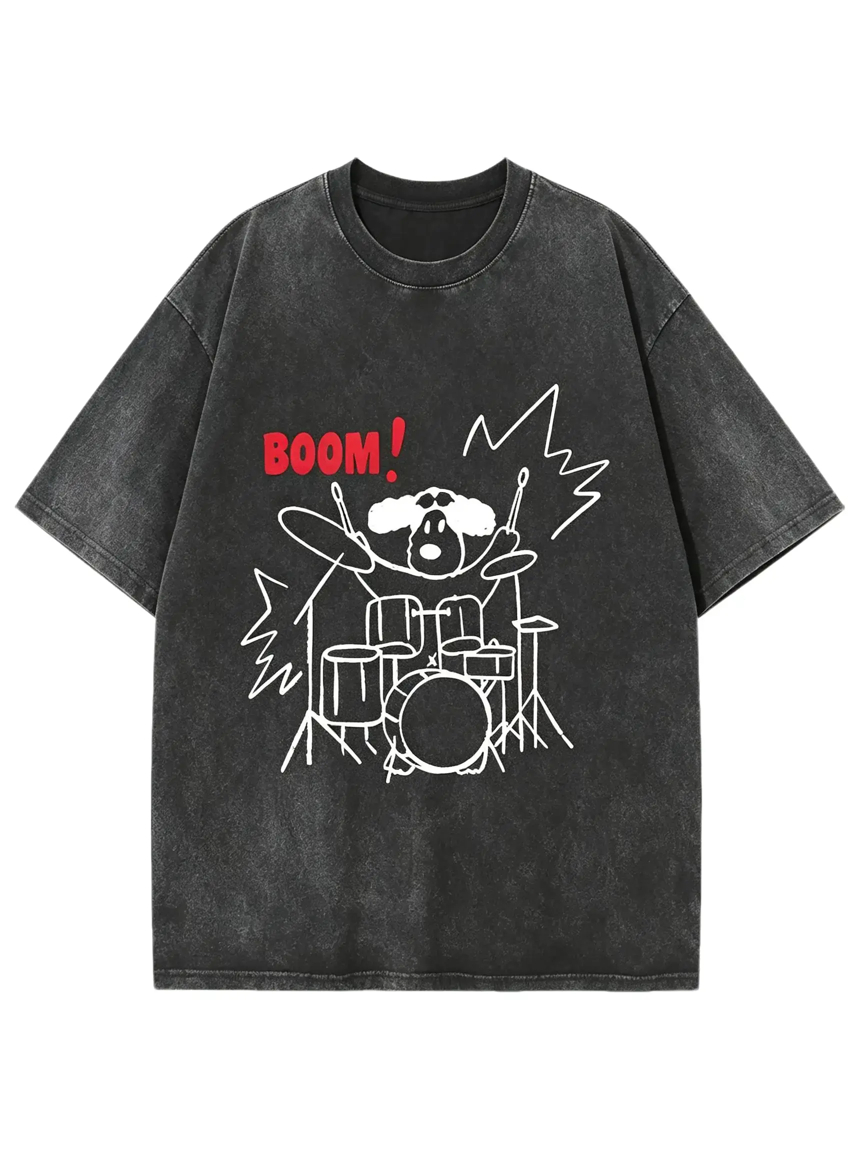 Menswear Vintage Washed Round Neck Short Sleeve T-Shirt - Unisex Casual Cartoon Drummer BOOM Graphic, Oversized Distressed Black Rock Drum Line Art Music Lover Streetwear Top