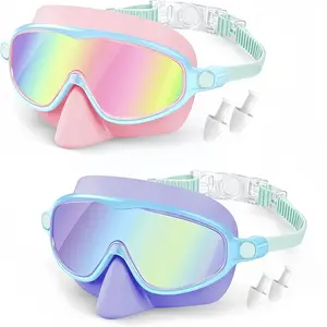 2-Pack Kids Swim Goggles with Nose Clip, Wide Vision Anti-Fog UV Protection, Suitable for Boys and Girls Ages 3-14, Swimming Mask Set