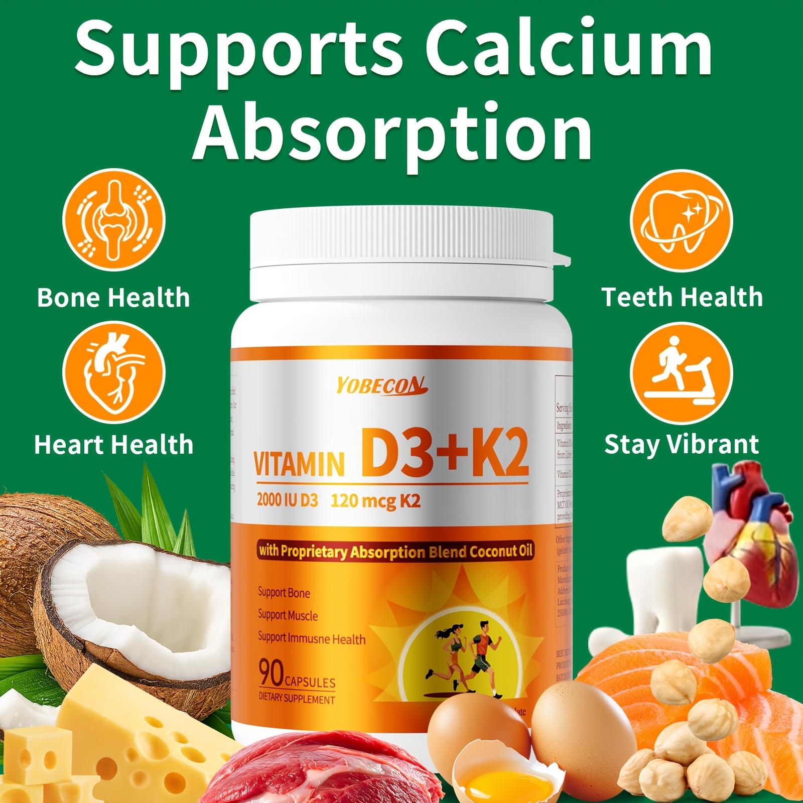 Vitamin D3K2 Supplement, 90-day supply, 2000 IU D3, 120mcg K2 (including MK7), supports bone and dental health, dual nutritional support, daily care, easy to swallow - 90 capsules