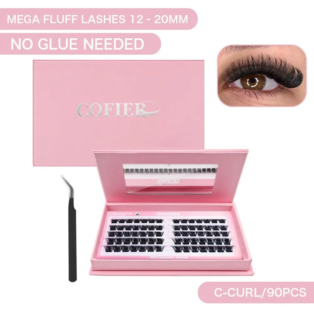 Cofier 200D Self-Adhesive Curl Cluster Lashes Kit, No Glue Needed, Easy-Wear Reusable DIY Lash Extensions, 70/80 PCS Fluffy Synthetic Lightweight False Eyelashes Set for Bold Glam Styling, Makeup Cosmetic Gift, Eyelashes Extensions