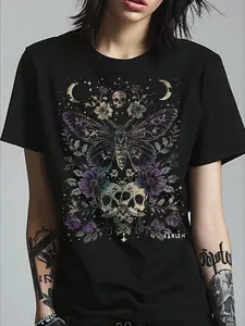 Dark Gothic Skull Moth Graphic T-Shirt | Pastel Goth Moon Floral Witchy Aesthetic Comfy Tee for Streetwear, Grunge & Alternative Fashion | Vintage Witchcraft Occult Inspired Top for Edgy Outfits, Dark Academia & Witchy Aesthetic Lovers