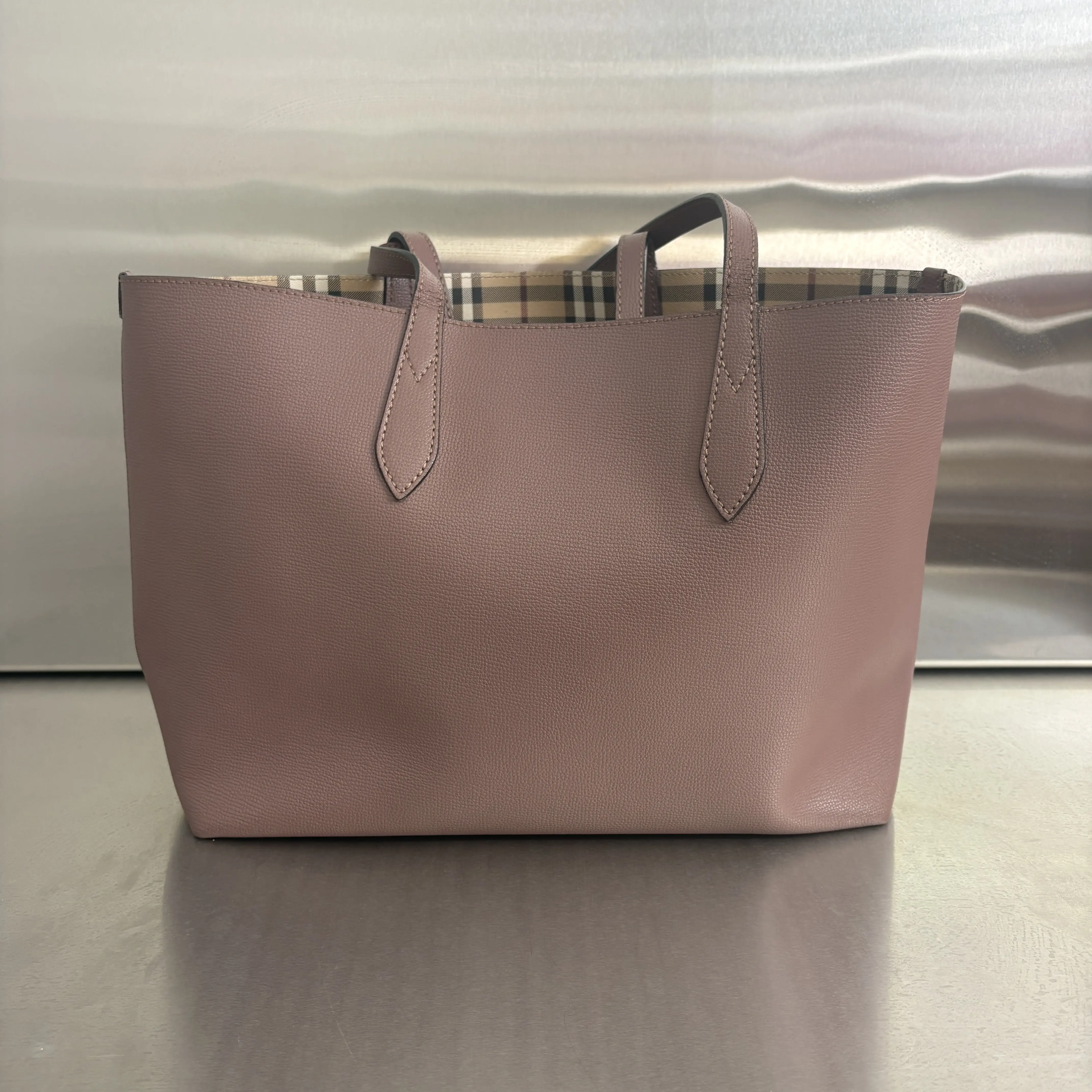 Pre-owned Calfskin Tote Bags Burberry Haymarket Check Top Handle Bag Pink Shoulder Bags