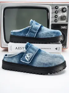 Summer New Men's Washed Vintage Denim Shoes, Frayed Edge Design, Slip-On Convenience, Thick Soled Mules, Versatile for Home, Street, Commute, Walking Shoes