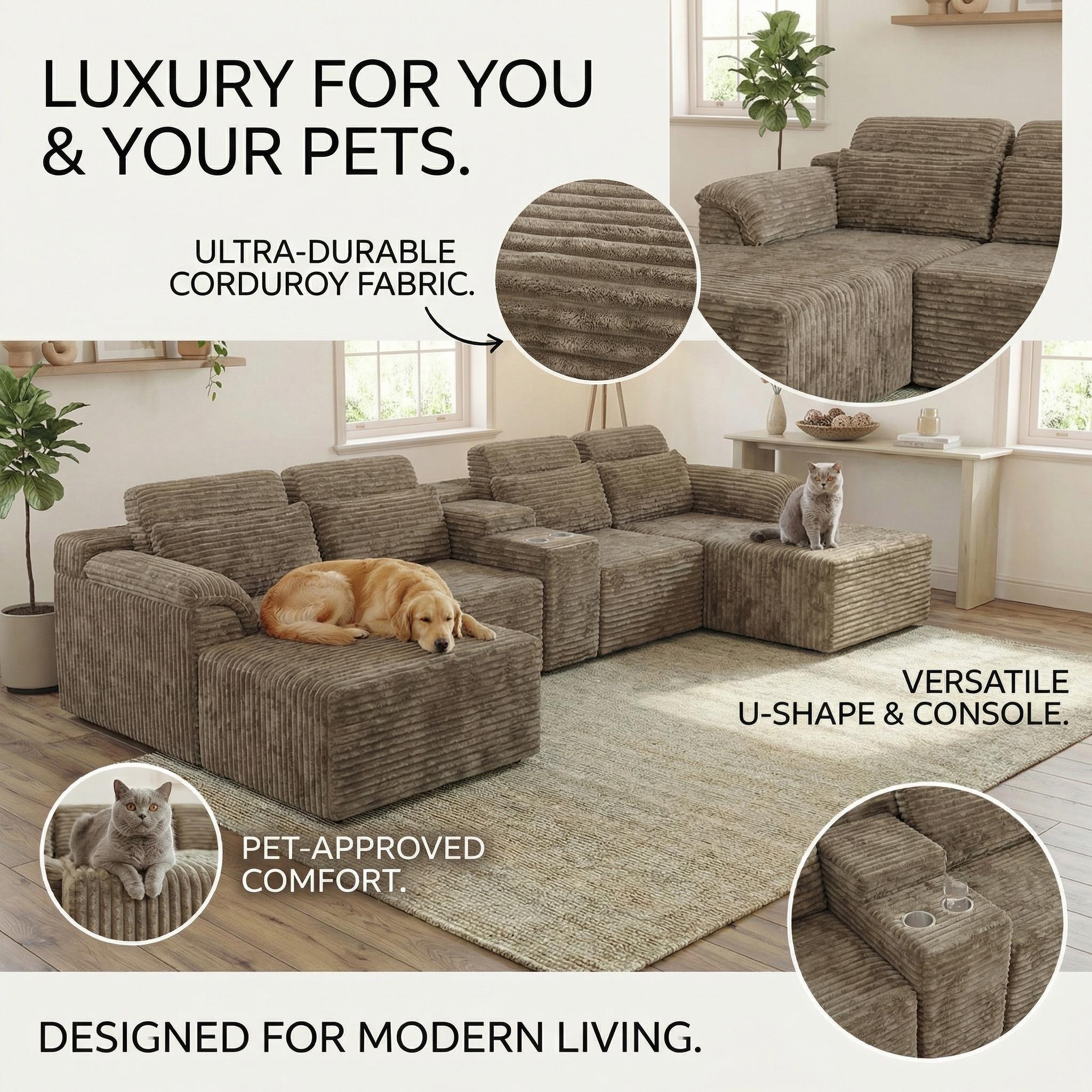 Modern Modular Corduroy Sectional Sofa, L Shaped Corner Couch with Built-in Cup Holders & Movable Ottoman for Living Room Apartment
