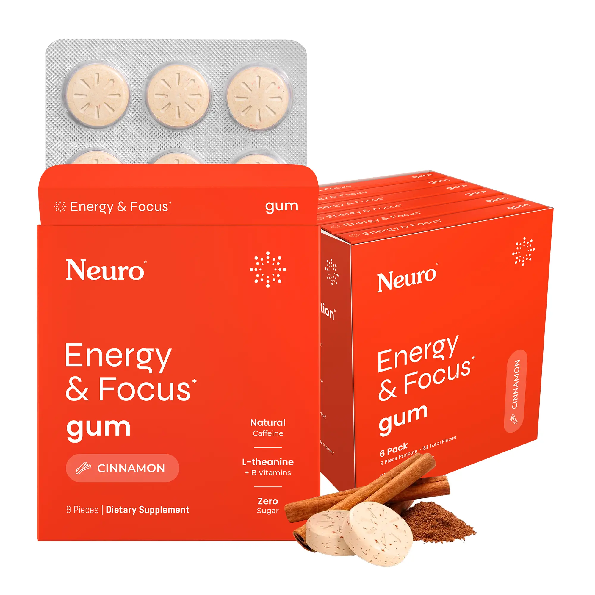 Neuro Energy Caffeine Gum for Energy & Focus - Sugar-Free with L-theanine, Caffeine, Vitamin B12 & Vitamin B6 - Cinnamon Flavor