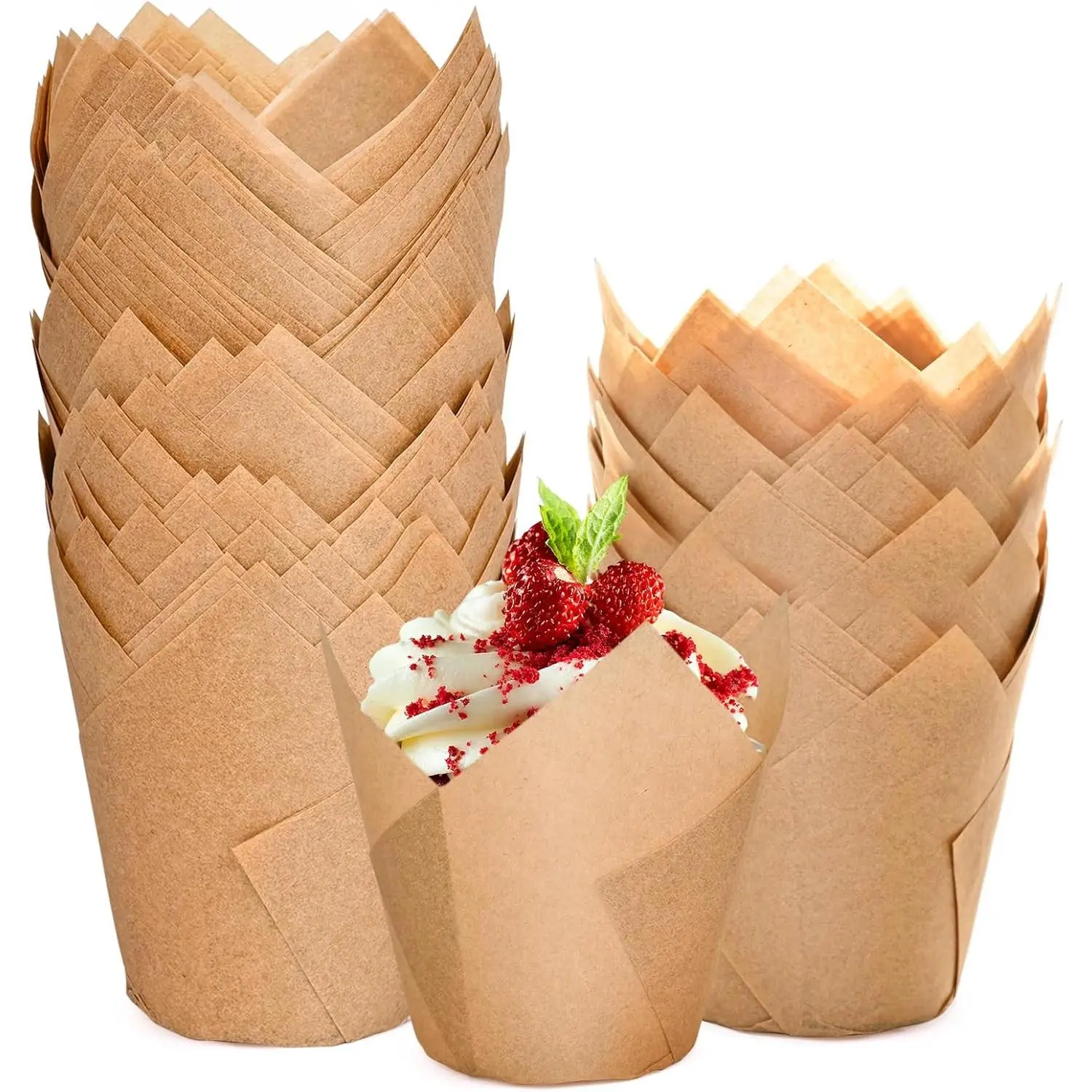 200 Natural Tulip Cupcake Liners, Premium Muffin Cup Liners for Baking Cups, Standard Size Greaseproof Cupcake Wrappers, Classic Parchment Paper Cupcake Liners by JIRNGLA