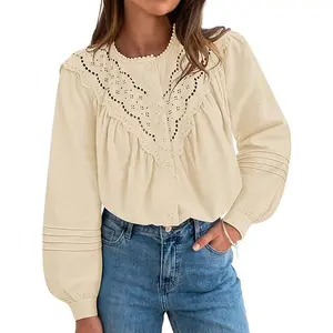 ZESICA Long Puff Sleeve Babydoll Tops for Women Lace Crochet Button Down Boho Victorian Shirts Dressy Casual Blouses