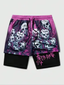 Men's Fashion Skull Graphic Print Shorts, Letter Print Drawstring Waist, Casual Loose Fit Pocket Gym Shorts, Summer Wear