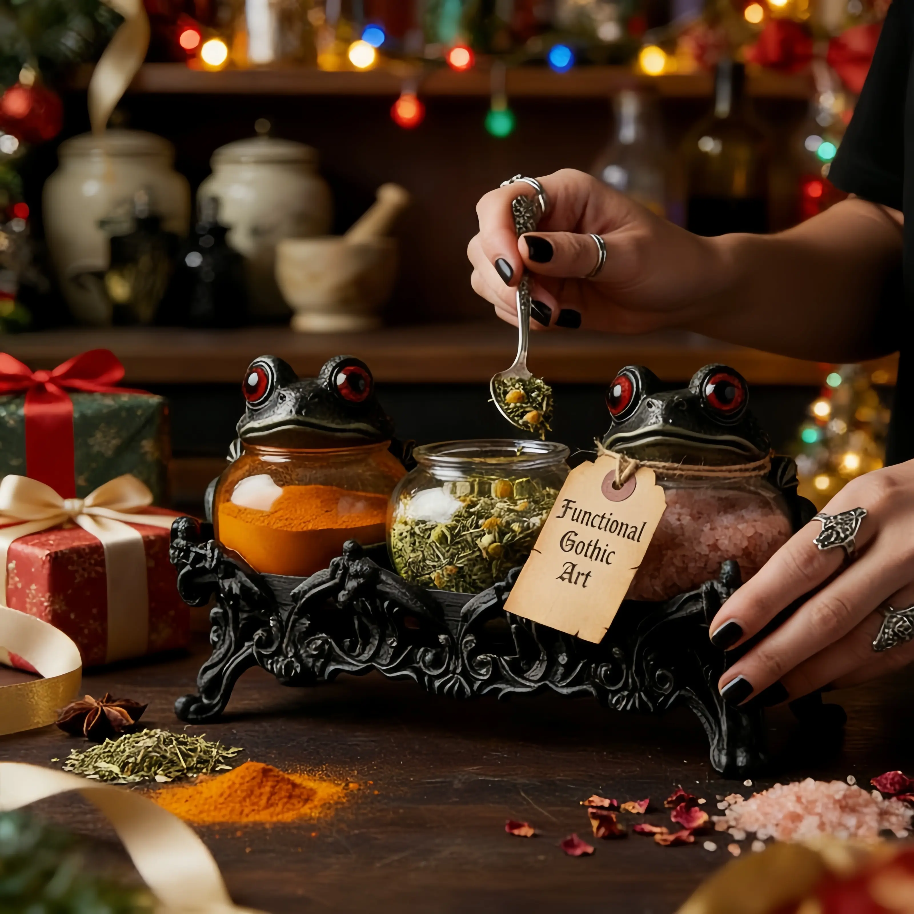 <ECOS INNOVATION>Witchy Frog Apothecary Spice Jars, Handcrafted Vintage Class Apothecary Jars with Frog Lids, Gothic Food Storage Containers, Frogs Spice Jar Fun Salt and Pepper Shakers Seasoning Container