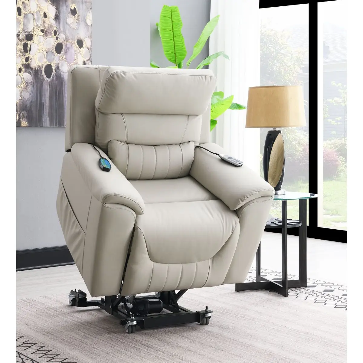 Marsha Light Gray Silicone Leatherette Power Lift & Massage Recliner - Okin Mechanism, Power Motion, Zero Gravity, Pocket Coil, 141 Lbs, Durable, Assembly Required, Multiple Components, D24 Foam Density, Heating Included