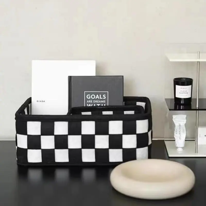 Fashion Grid Storage Basket Organizer, Chessboard Style, Felt Material, Foldable, Collapsible Baskets, Odorless, Home Closet, Desktop, Cosmetics, Snacks