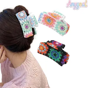 Crochet Flower Jaw Clips, Large Non-Slip Knitted Floral Hair Claws, Cute Strawberries Strong Hold Crochet Hair Accessories for Thick Hair, Bohemian Style Colorful Pattern Barrettes for Daily Wear, Casual Outings and Holiday Events,summervibes