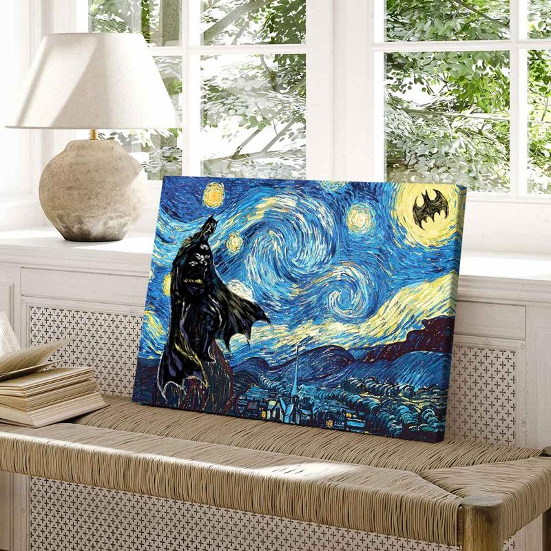 Van Gogh's Starry Sky Pattern Canvas Painting with Frame, Modern Art Bat Character Posters, Wall Art Decor for Home Living Room Bedroom Office, Halloween