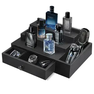 Cologne Stand Organizer For Men  3 Tier Display Shelf With Lining Drawer And Compartments Watch Perfume Risers Great Gift Father