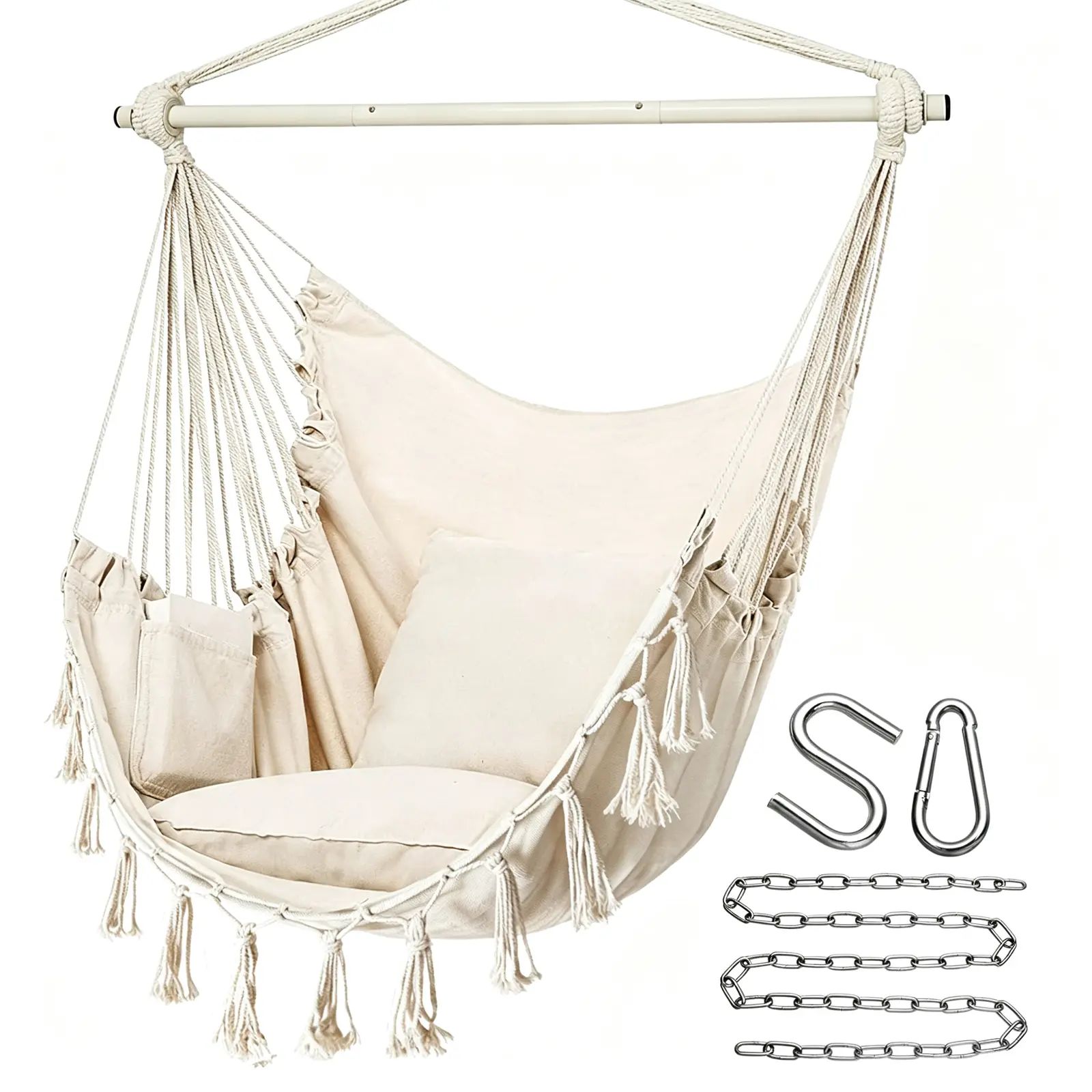Hammock Swing Chair for Indoor & Outdoor, Large Swing Chair With 2 Cushions and Side Pocket, Iron Telescopic Rod, Comfortable Indoor Outdoor Hanging Seat for Adults & Kids, Backyard, Porch, Deck & Indoor Bedroom Use,