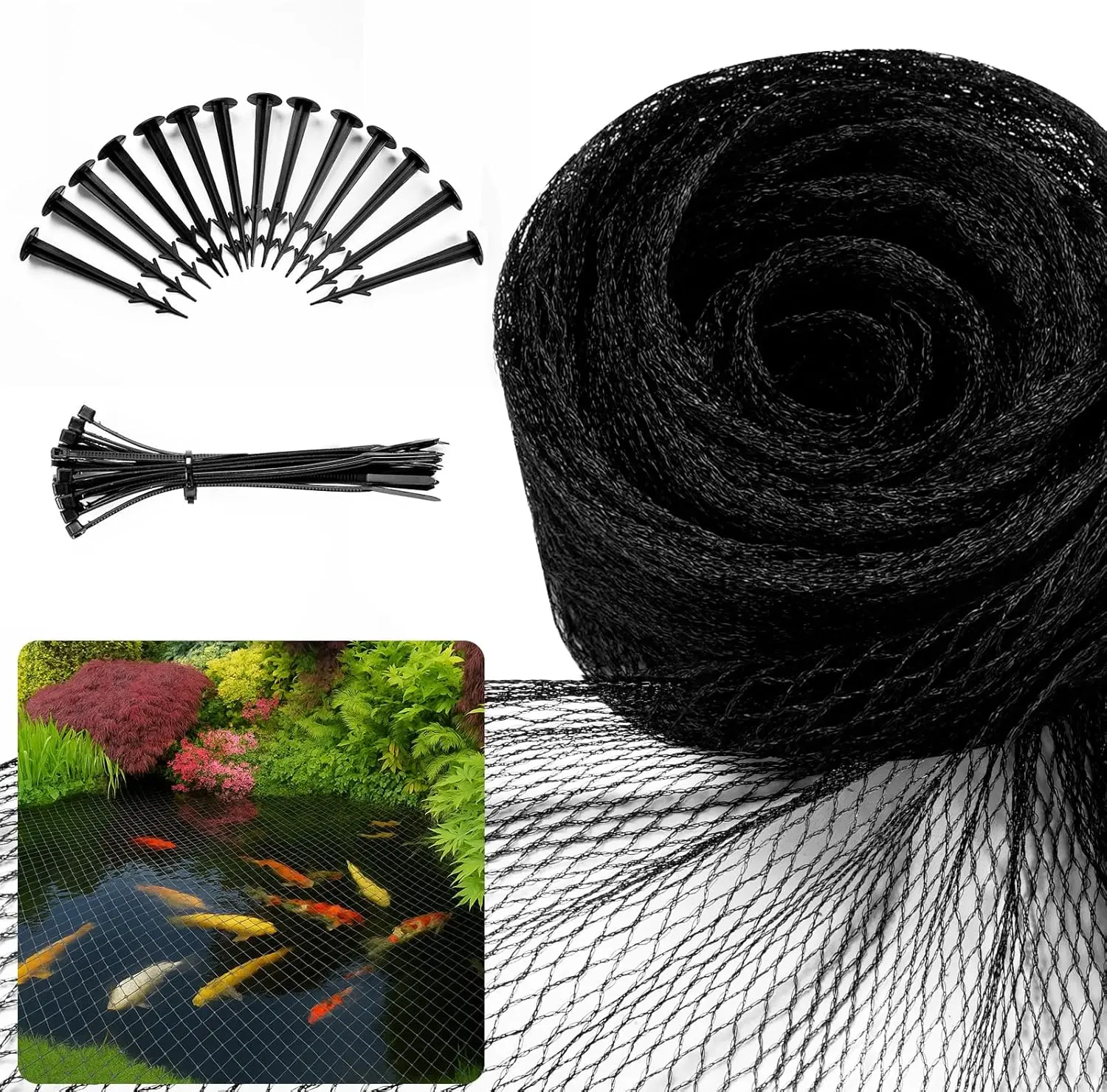 Pond Netting for Koi Ponds, 28’ x 30’ Pond Netting Cover for Leaves, Durable Koi Pond Net to Catch Leaves & Debris, Drive Herons, Raccoons, Cats & Predators Away, 14 Stakes Included (3/8” Mesh)