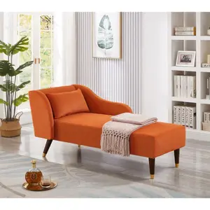 Chaise Lounge Indoor, Velvet Upholstered Lounge Chair with Pillow, Solid Wood Legs Modern Chaise Lounge Chair for Living Room Bedroom Office (Orange)