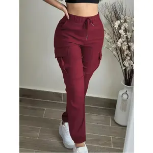 Women's Black Elastic Waistband Drawstring Multi-Pocket Cargo Pants - Regular Fit All-Season Casual Work Style Cargo Leggings Bottoms Polyester
