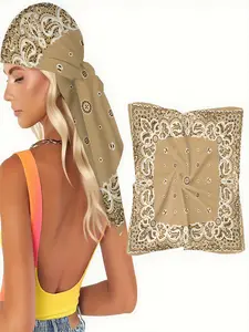 Scarf for hair, head, neck and handbag- Beige, White & Brown Paisley, Versatile shawl Retro Bohemian Style, perfect as a bandana for Music Festival, Beach Day & Casual Streetwear Looks