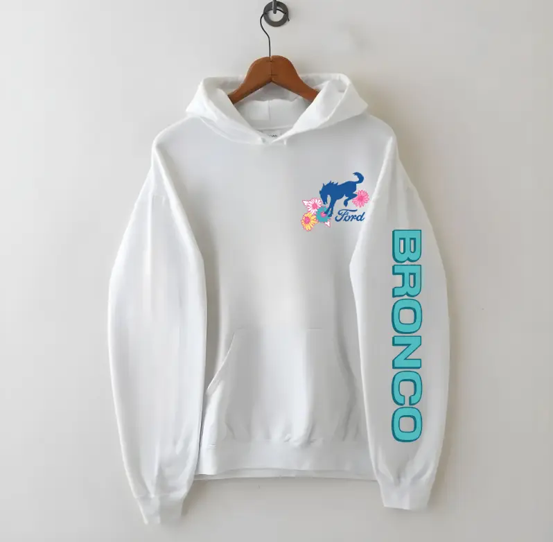 Ford Bronco Floral Logo White Hoodie, Ford Bronco Floral Logo White Hoodie with Bronco Print on Left Sleeve, Stylish Streetwear Pullover,Gift for Dad Mom Friends