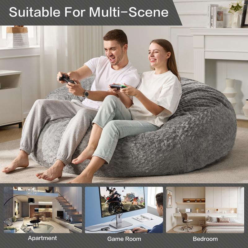 【Hobestluk】Bean Bag Chair 6ft for Adults, 70" x 70" x 15", Big Bean Bag Design, Plush Fur Cover, Versatile for Living Room, Bedroom, Dorm, Office Couch Sofa,fathersdaygifts