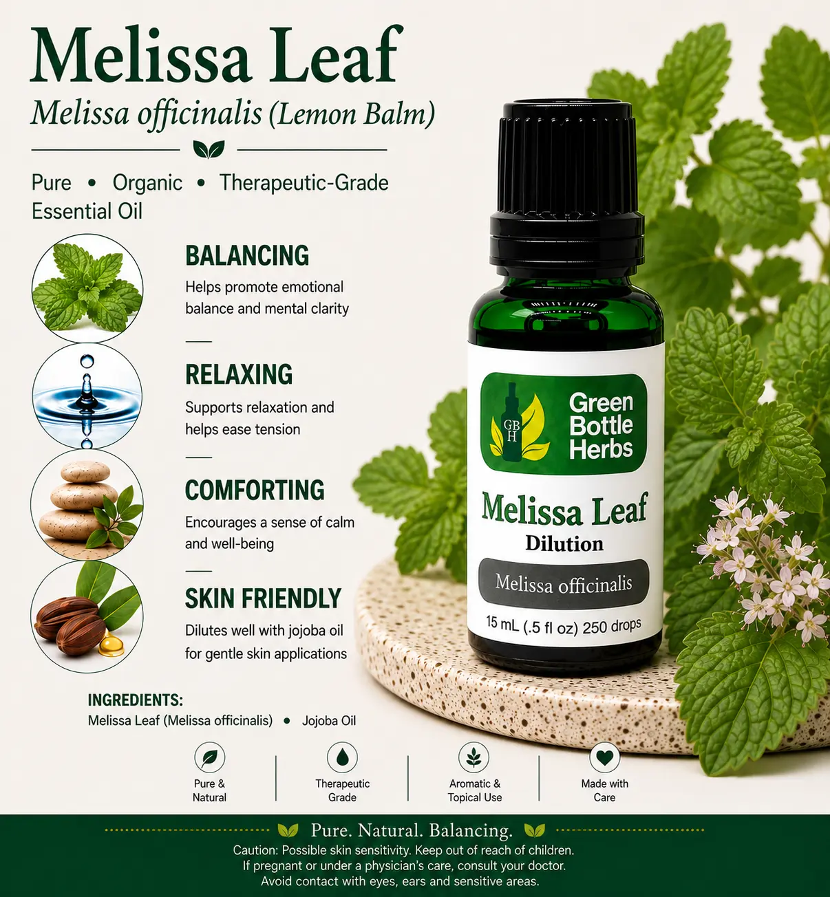 Organic Citrus Herbal Lemon Balm (Melissa Leaf) Essential Oil - Sensitive Skin Safe, Calming Effect, Sleep Aid, Stress Relief for Aromatherapy, Dilution-Based Wellness Support, Therapeutic, Natural Carrier & Essential Oils