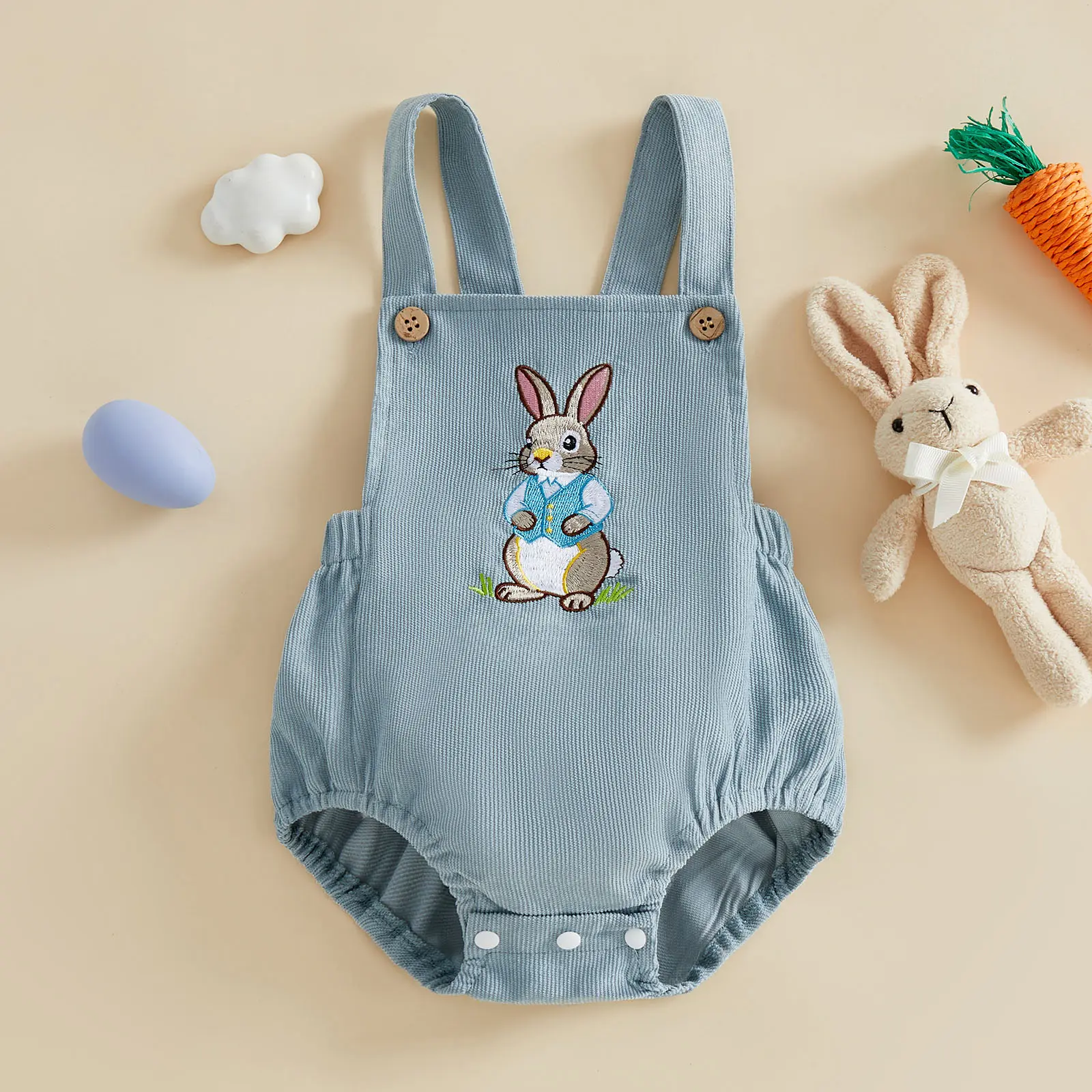 Infant Baby Boy Easter Romper Bunny Embroidered Sleeveless Newborn Overalls Jumpsuit 0-18 Months