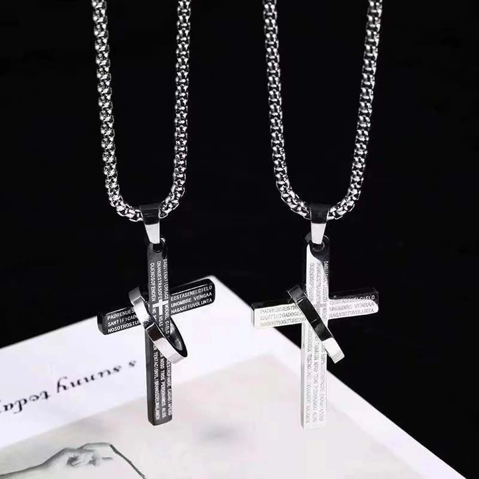 ZZHS [Simple Cross] Black and white scripture ring cross necklace versatile titanium steel personality pendant accessories gift versatile fashion personality creative design Men's Stainless