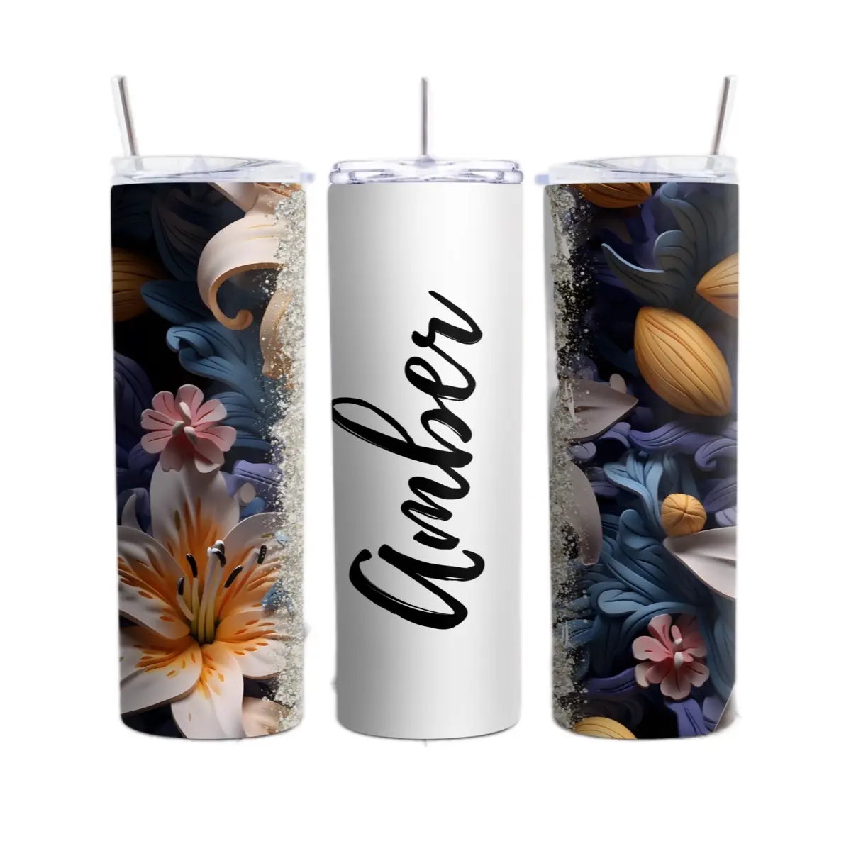 Personalizable Lily Floral Print Stainless Steel Water Bottle Tumbler - Casual, BPA-Free, Reusable, Durable, Washable, Portable, Stylish, Leak-Proof, with Lid/Straw, Custom Image Option, Ideal for Gabrielle & Felicia & Ebony (Kitchenware Drinkware)
