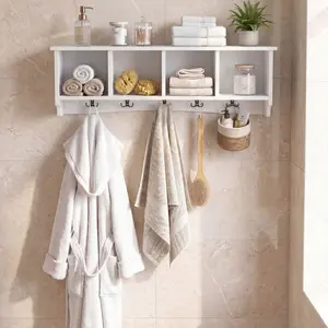 New Wall-Mounted Wooden Shelf Coat Rack with 4 Cubbies and 5 Double Hooks