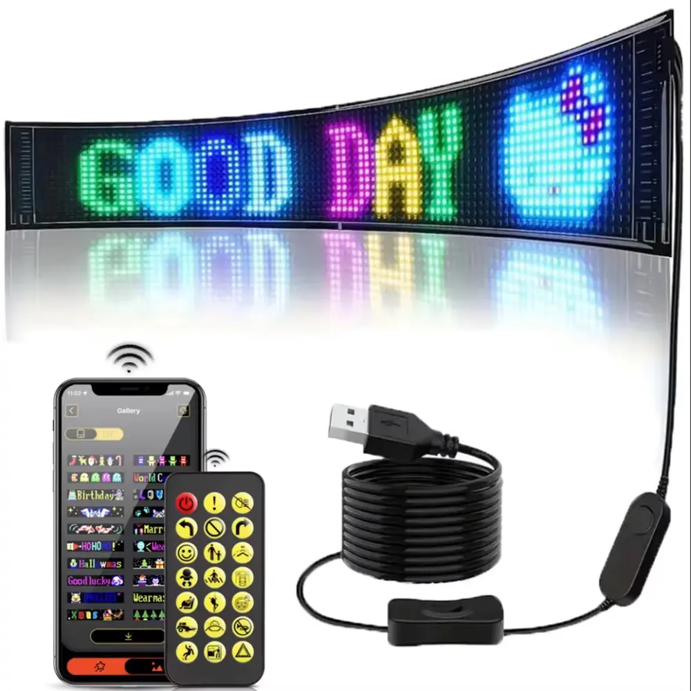 RGB LED Matrix Sign 16x64 Pixels, App Controlled Flexible Scrolling LED Display, Custom Text Animation Music Sync, 5V USB, 92x374mm