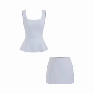 Cider Linen-blend Square Neck Peplum Top & Mid Rise Mini Skirt Set