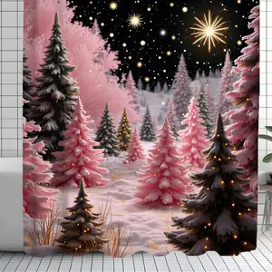 Thick Waterproof 66x72 in Christmas Blush Pink Snowy Pine Tree Shower Curtain Set, High-End Elegant Bath Divider with 12 Stainless Steel Hooks