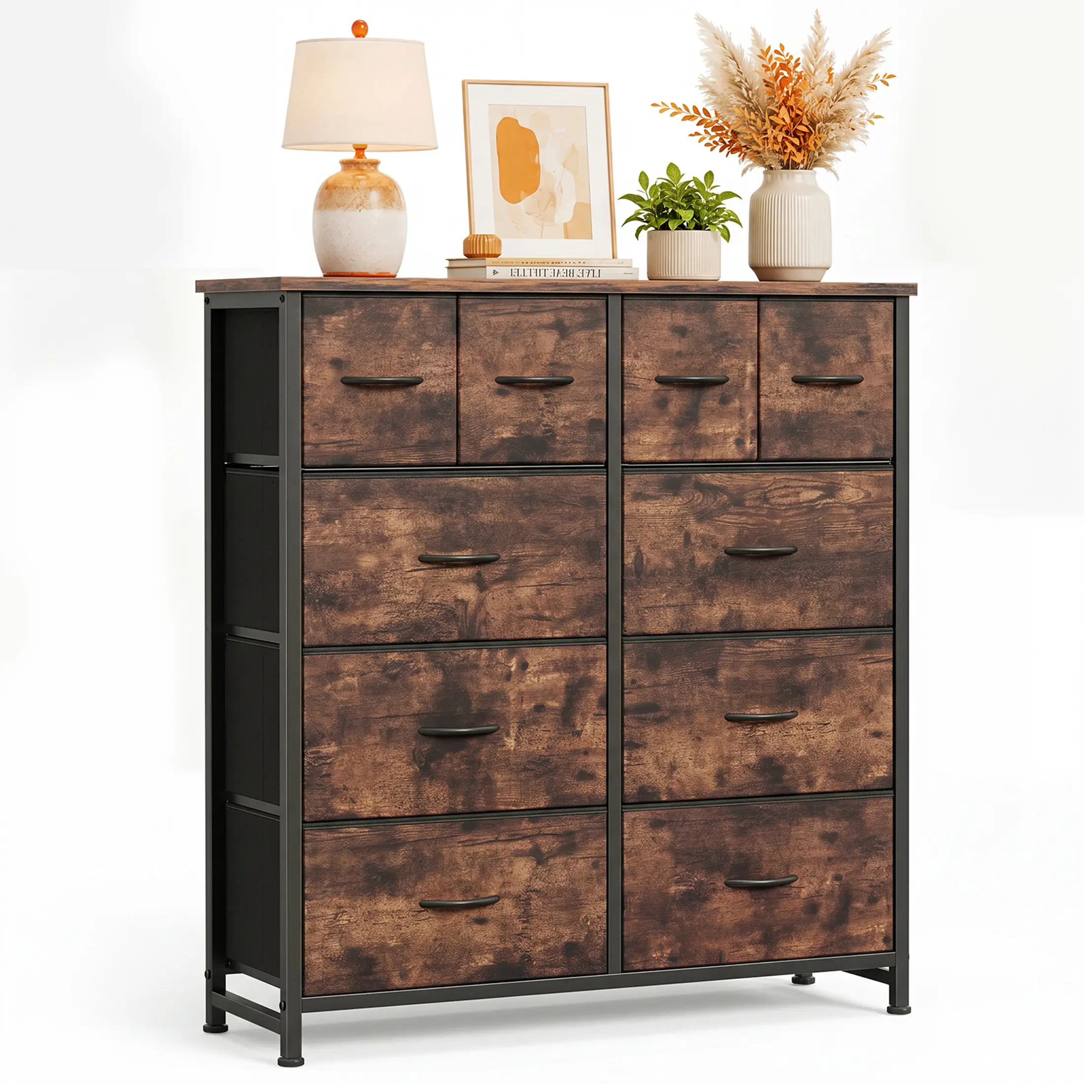 DUMOS 10-Drawer Fabric Cabinet - Versatile Wood Accent Storage Tower Organizer, TV Stand with Assembly Required (Gray, Black Options) for Bedrooms, Bathrooms, Living Rooms - Modern Design, Drawers, Floor Standing