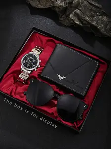 Men's Fashion 3-Piece Watch Set, Quartz Movement, Includes Glasses and Wallet, Perfect Gift for Holidays, All Seasons