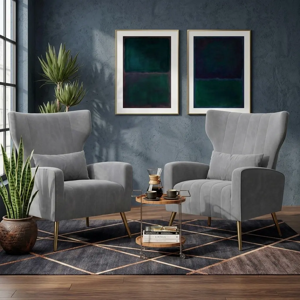 Mid Century Modern Velvet Fabric Upholstered Wingback Armchair - Cozy Reading Chair with Metal Legs, Spring Support, Spot Clean, Easy DIY Installation for Living Room, Bedroom Living Room Decor