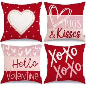 Valentine's Day Hello Valentine Hugs & Kisses Throw Pillow Covers 18x18 Inch Set of 4, Red Heart XOXO Striped Decorative Farmhouse Wedding Cushion Cases for Home Decoration (Red) G414-18