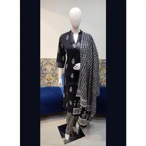 Black Printed Work Cotton Readymade Salwar Suit