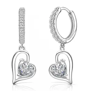925 Sterling Silver Heart Dangle Cubic Zirconia Hoop Earrings for Women, Sparkling CZ Huggie Earrings, Fashion Romantic Heart Jewelry Gift for Girlfriend or Wife for Valentine’s Day, Anniversary, Birthday