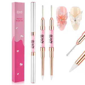 BQAN 2Pcs Dual-ended Nail Art Sculpture Pen, Silicone Nail Art Brush with Rhinestone Handle for 3D Gel,Foil Carving, Drawing & Shaping, Nails Design Tools for Home Salon (3D Gel)