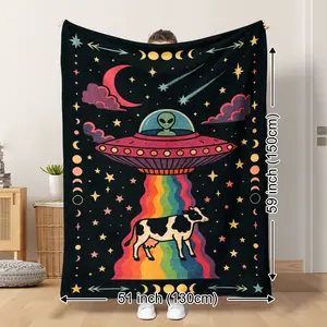 Cartoon Alien UFO Cow Galaxy Stars Moon Rainbow Print Flannel Blanket - Soft Warm Quilted Throw for Camping Travel Home Decor, All-Season Cozy Gift for Friends Family
