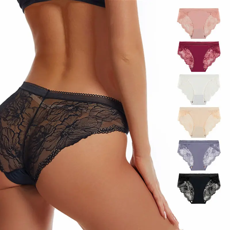 second-skin Women's 5PCS Mid-Waisted Seamless Lace Patchwork Panties, Ice Silk No-Show Bikini Underwear with Cotton Crotch, Skin-Friendly Lightweight Breathable High-Stretch Soft Daily Wear