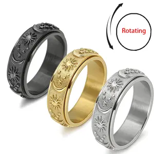 Sun Moon and Star Spinner Fidget Ring for Anxiety for Men Women Stainless Steel Rotating Engagement Wedding Band 8MM