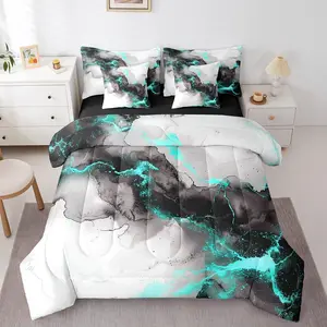 Feelyou 7-Piece Black, Grey and Teal Marble Aesthetic Queen Comforter Set - Modern Marbling Watercolor Foil Print Stone Bedding in a Bag