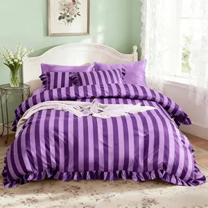3-Piece Striped Ruffled Bedding Set, Comfortable Duvet Cover Set (1 Duvet Cover Without Filler+ 2 Pillowcases Without Filler), Romantic Stripe, Suitable for Single/double Beds，